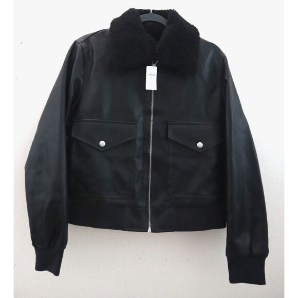 Gap 742332 Women's Sz M Black Vegan Leather Flight Jacket w/Sherpa Collar - Picture 1 of 14